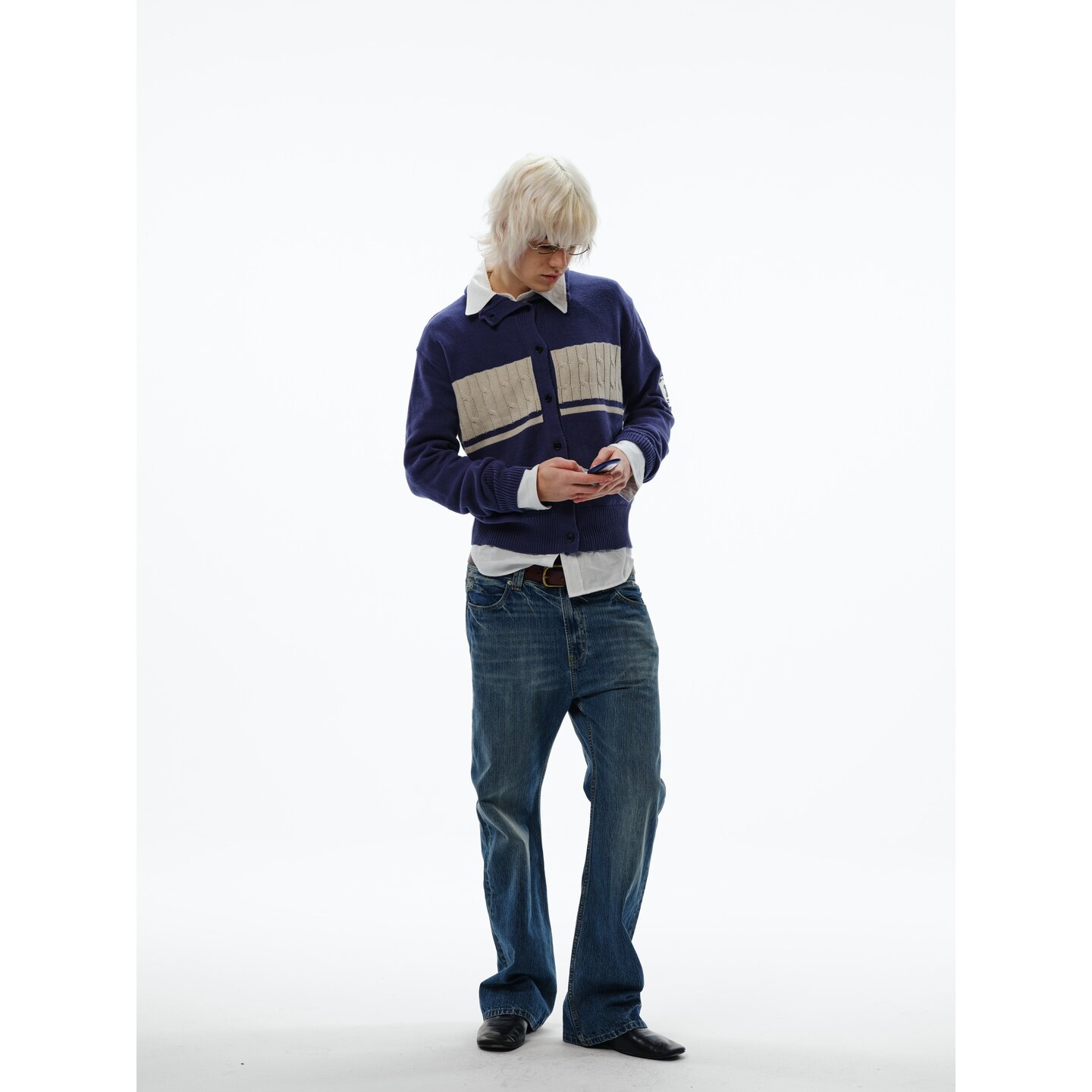 TREclub 300g Blue White Cable Knit Half Turtleneck Sweater
