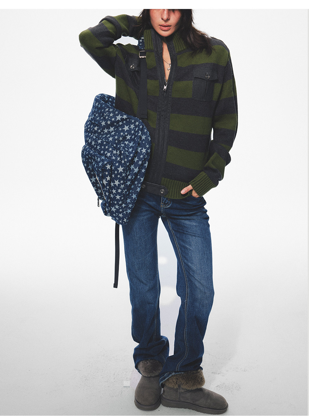 TREclub Green Striped Zip-Up Cardigan
