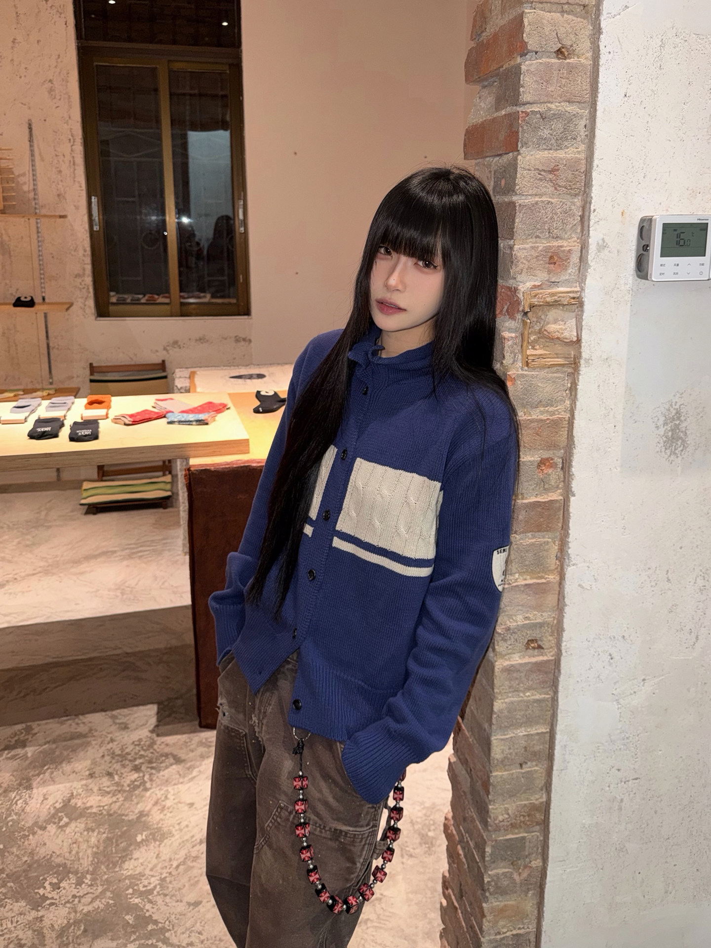 TREclub 300g Blue White Cable Knit Half Turtleneck Sweater