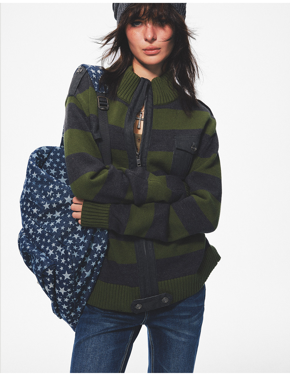TREclub Green Striped Zip-Up Cardigan