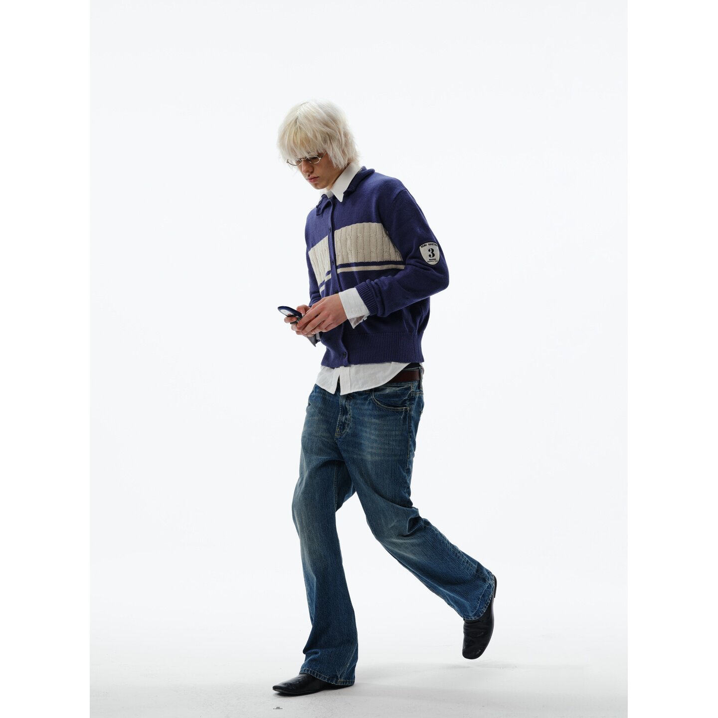 TREclub 300g Blue White Cable Knit Half Turtleneck Sweater