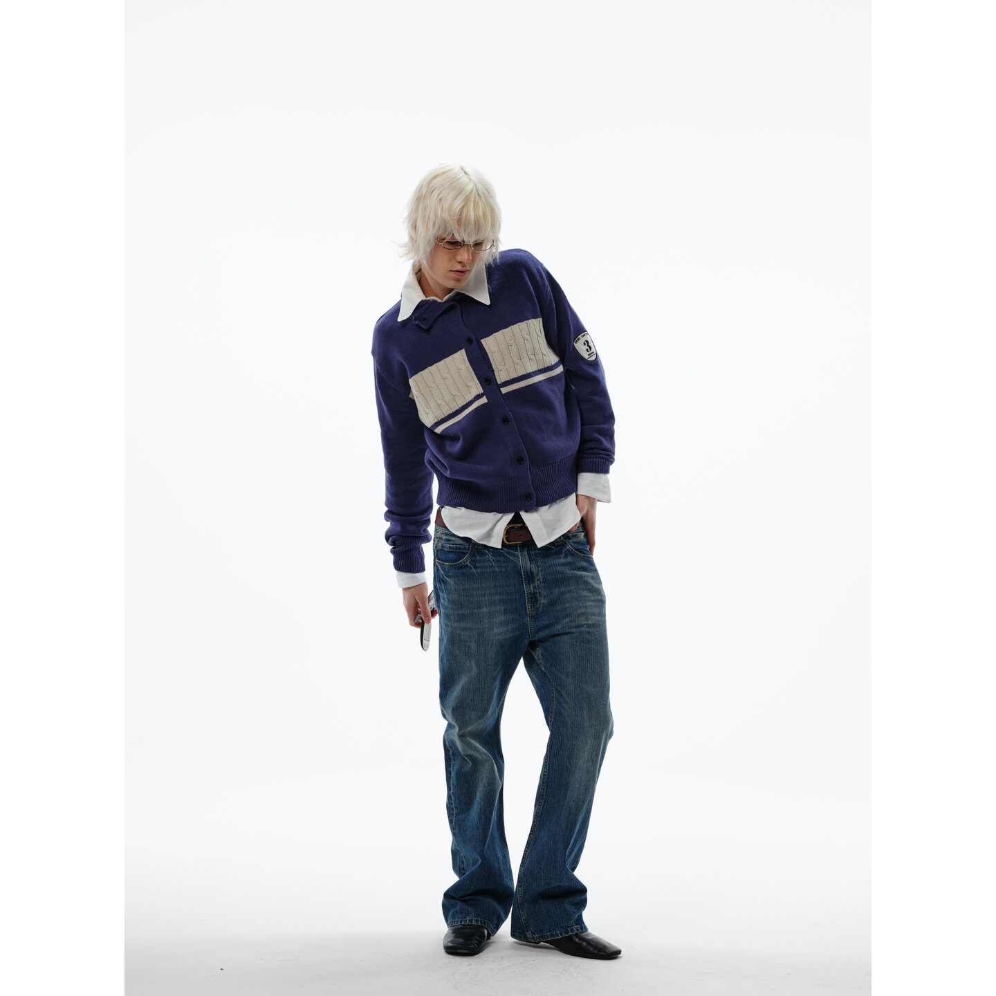 TREclub 300g Blue White Cable Knit Half Turtleneck Sweater