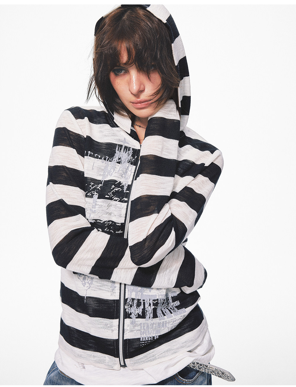 TREclub Black White Striped Zip-Up Jacket