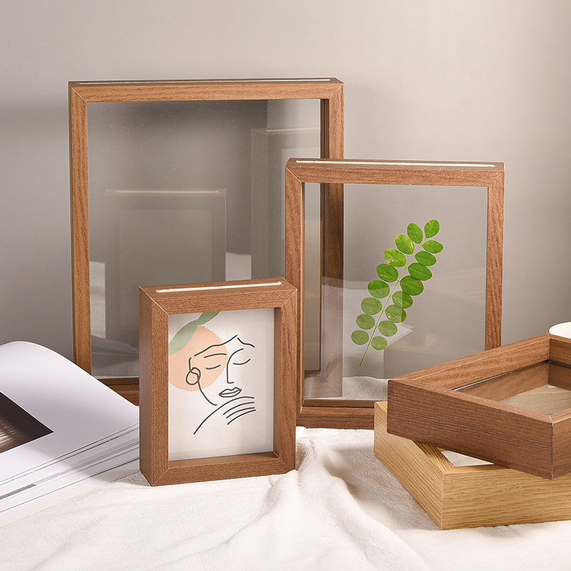 ins Nordic green planting double sided glass photo frame swing piece creative plant dried flower specimen frame transparent solid wood frame