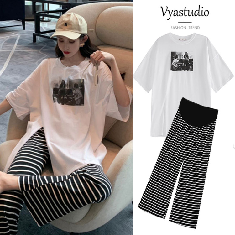 Maternity T-shirt suit summer net celebrity fashion high-end short-sleeved top Western style two-piece set to go out thin women
