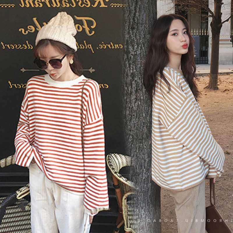 Pregnant Woman Autumn Dress New Out Fashion Net Red Sweater Wear Loose Casual Striped Blouse Blouse Spring Fall Display Slim Fit