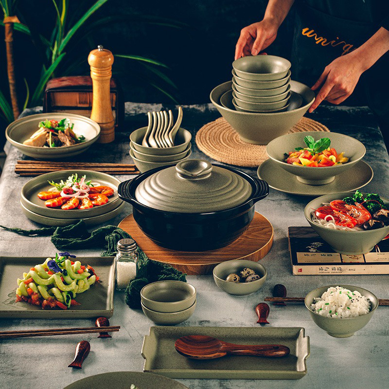 LAREEY Tableware Set Jingdezhen Handmade Porcelain Retro Bowls Dinner Plate Homestay Chinese Style Ru Kiln Bowls and Dishes