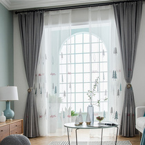 Floor-to-ceiling windows Nordic style simple modern Christmas tree cotton and linen embroidered curtains Living room balcony shading cloth with yarn