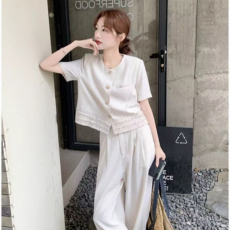 Hueq Light Luxury Summer Simple Commuter Linen New Style Comfortable Skin-Friendly Breathable Short-Sleeve Long Pants Two-Piece Set Chanel Style