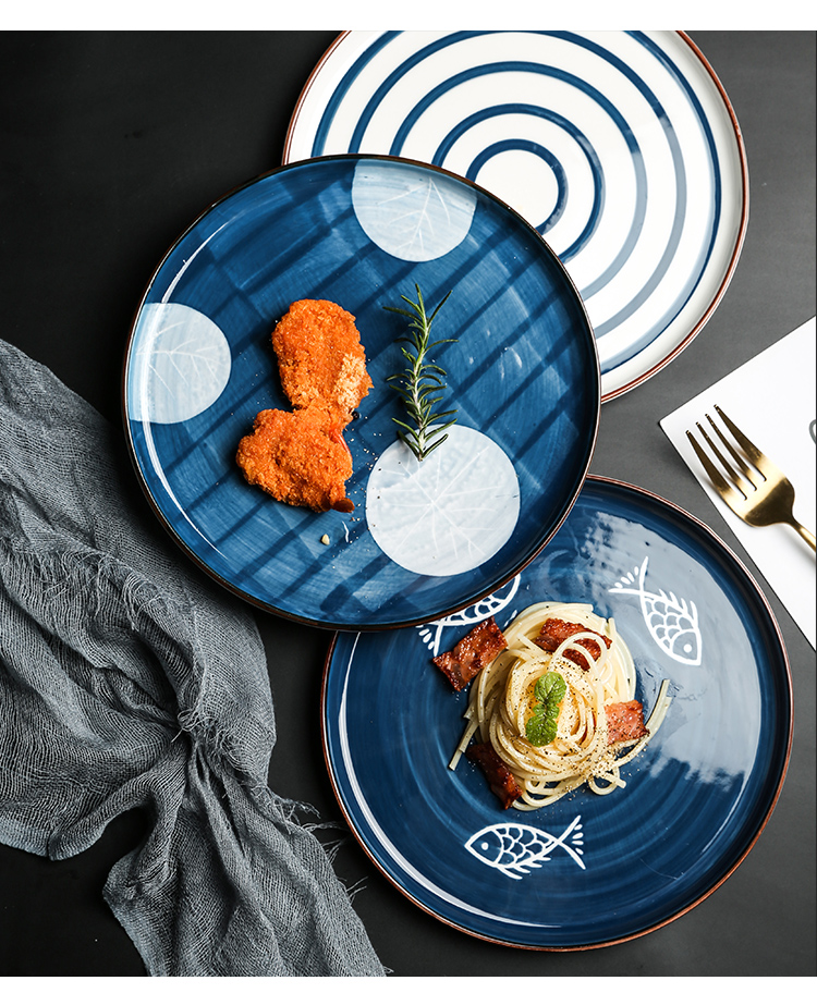Tinyhome Japanese ancient ceramic tableware flat dish plate household western food steak plate posed the disc plate