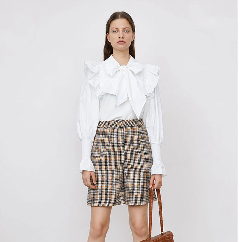 WhiteUR2021 Spring new products French Splicing Doll Collar puff sleeve elastic Shut up shirt WG01R9BX2001
