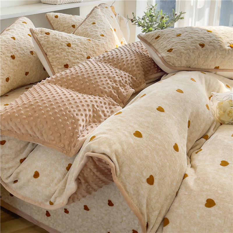 Winter Thickened Milk Suede Bean Suede Bed Cover Four Pieces Of Coral Flannel Flannel Plus Suede Quilt Cover Winter Bed-Taobao