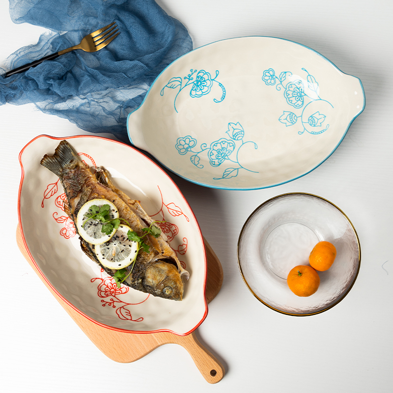 Ceramic fish dish household creative red oval ears fish dish can be heated steamed fish plate long snack plate tableware