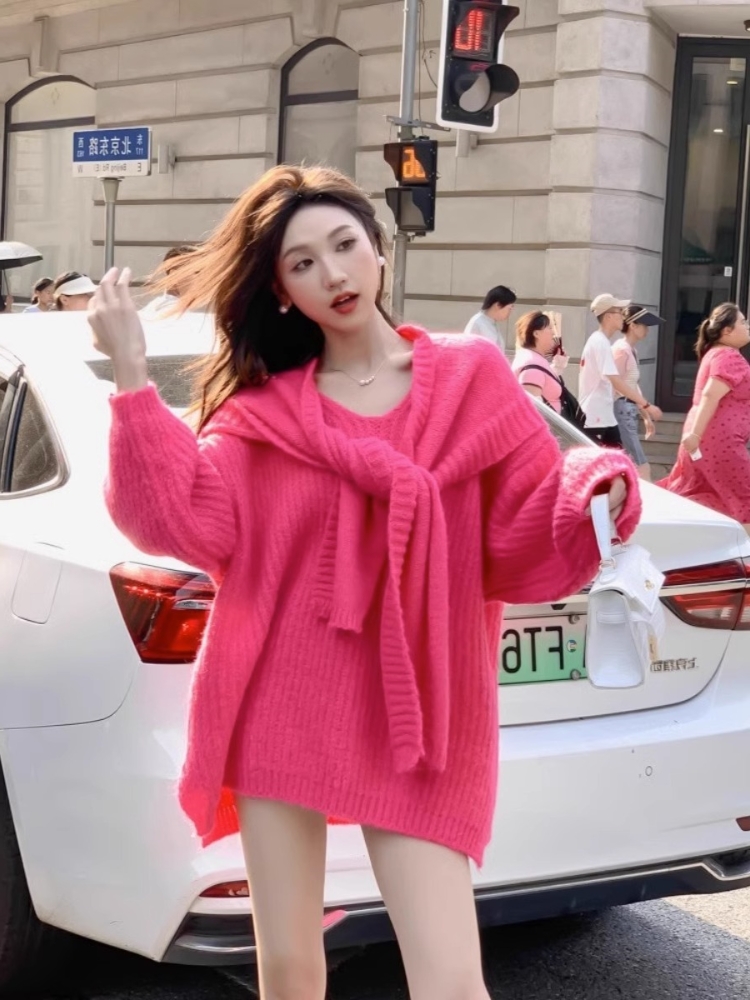 Rose Red Small Sublian Cap Sweater Women's Autumn Winter 2023 New Exploits Thicken Set Loose With Lazy Wind-Taobao