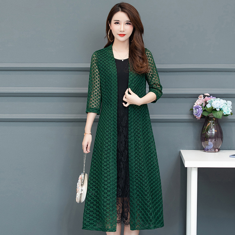 Summer Lace Cardigan for Women, Mid-Length, Over-The-Knee, Ultra-Thin Coat, Outerwear for Middle-Aged Women, Plus-Size Sun Protection Shirt, Versatile Trendy Cover-Up
