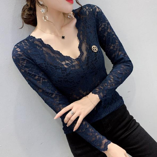 潮牌2025秋冬新款高端紧身气质V领蕾丝雪纺衫女内搭洋气加绒小衫