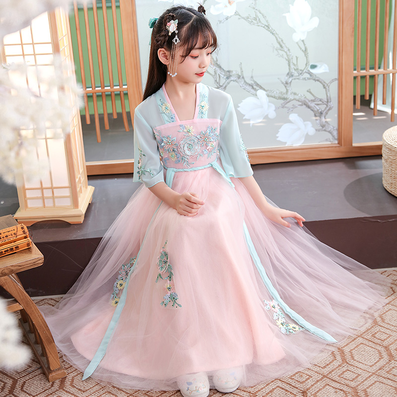 Children's Hanfu girls 2021 new spring and summer clothes ancient Chinese style super fairy kimono cherry blossom princess dress