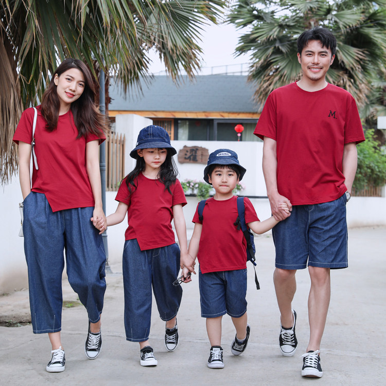 2022 Summer installed a new family of three-four-mouth pro-son clothes pure cotton with loose mother and daughter whole family load wave
