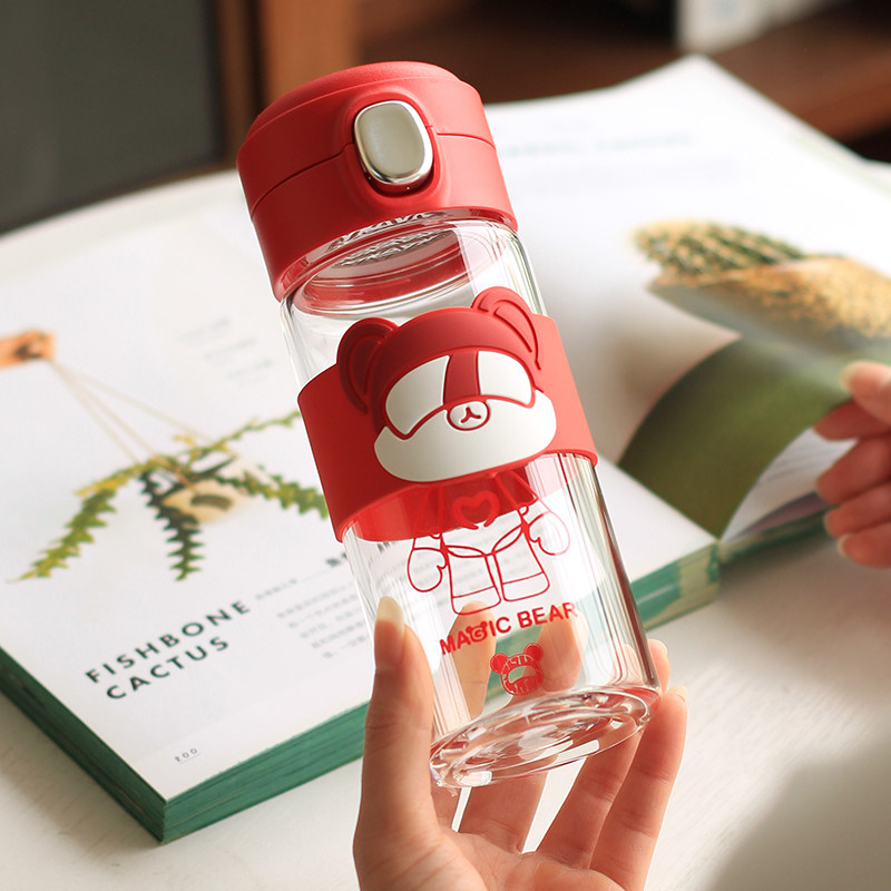 Bear glass with tea filter screen high-value water cup anti-scalding heat insulation cup cute handy cup ins style