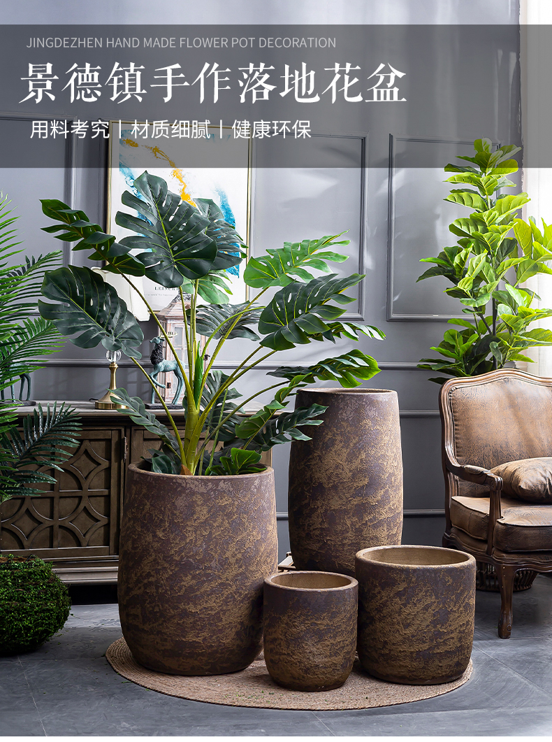 Retro coarse pottery flower vase furnishing articles sitting room interior decoration new Chinese be born ceramic green plant cylinder large flower pot