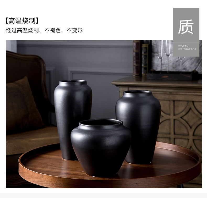 Jingdezhen ceramic vase furnishing articles coarse pottery black contracted dry flower arranging hotel retro hydroponic flower implement creative living room