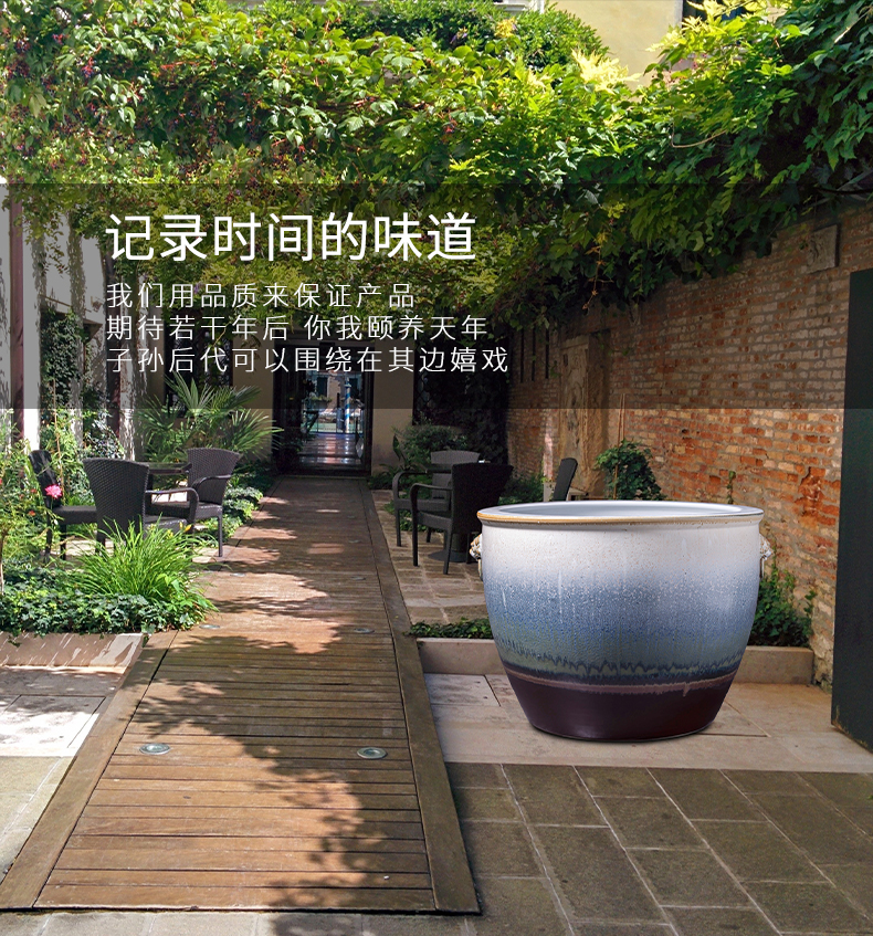 Jingdezhen ceramic aquariums retro coarse pottery flowerpot blackish green, gold tortoise cylinder double lion ear lotus bowl lotus basin