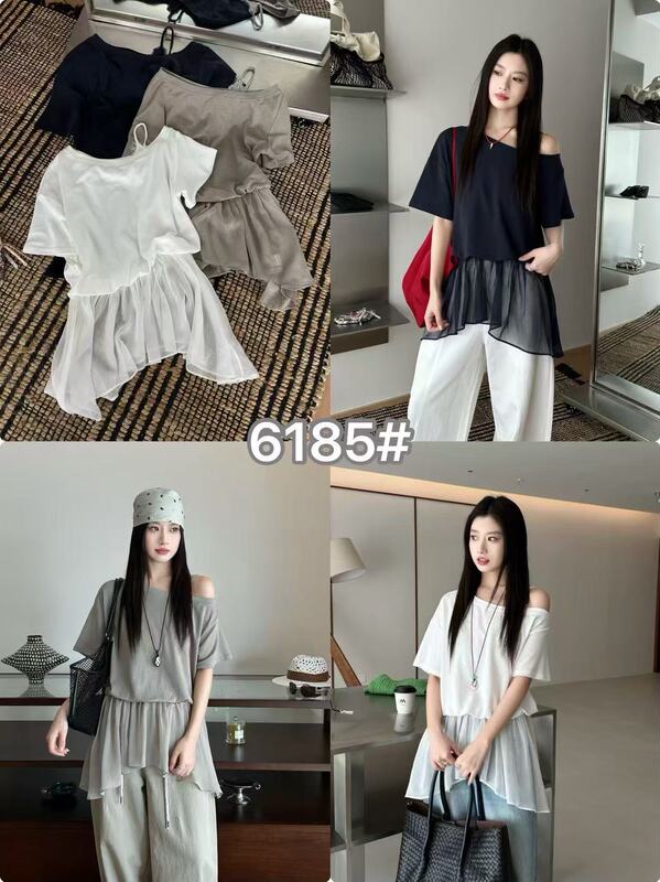 6185 New Summer Style Korean Fashion Style Spliced Gauze Short-Sleeved T-Shirt Top, Bust 110, Length 73 6185 New Summer Style Korean Fashion Style Spliced Gauze Short-Sleeved T-Shirt Top, Bust 110, Length 73
