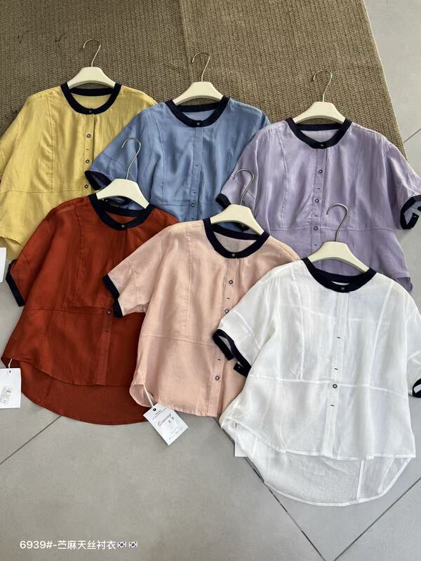 6339 Summer New Style Color-Blocked Round-Neck Linen Short-Sleeve Shirt, Bust 124, Length 58