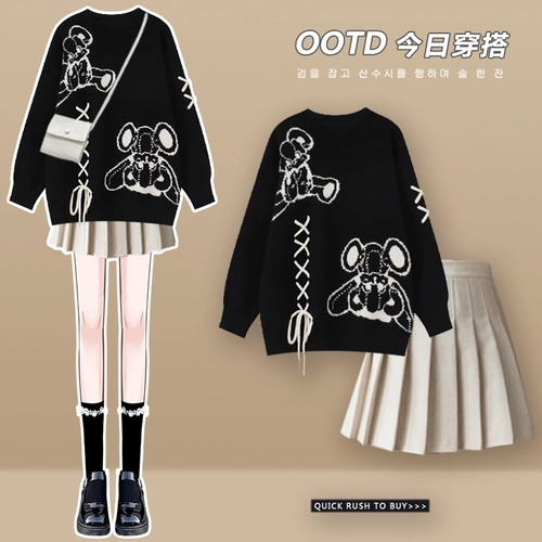 Свитер, комплект, юбка в складку, демисезонный пуховик