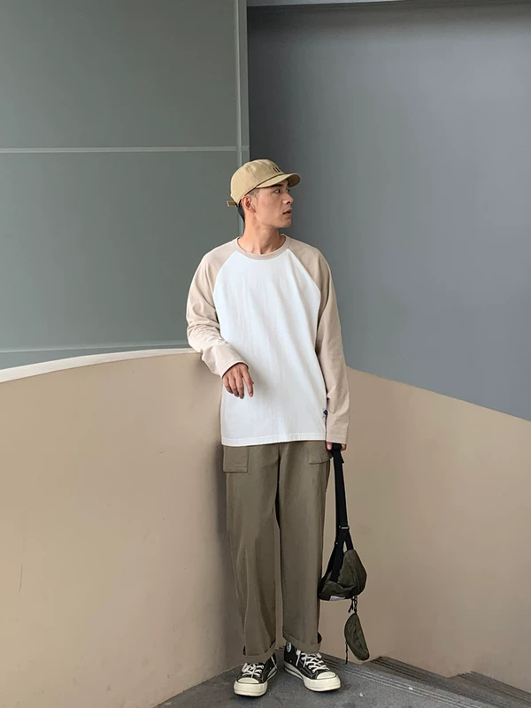 OFFBORD nam 2019 mới mùa thu tương phản màu raglan couple Áo thun rộng tay dài cotton tinh khiết chạm đáy áo thủy triều - Áo phông dài