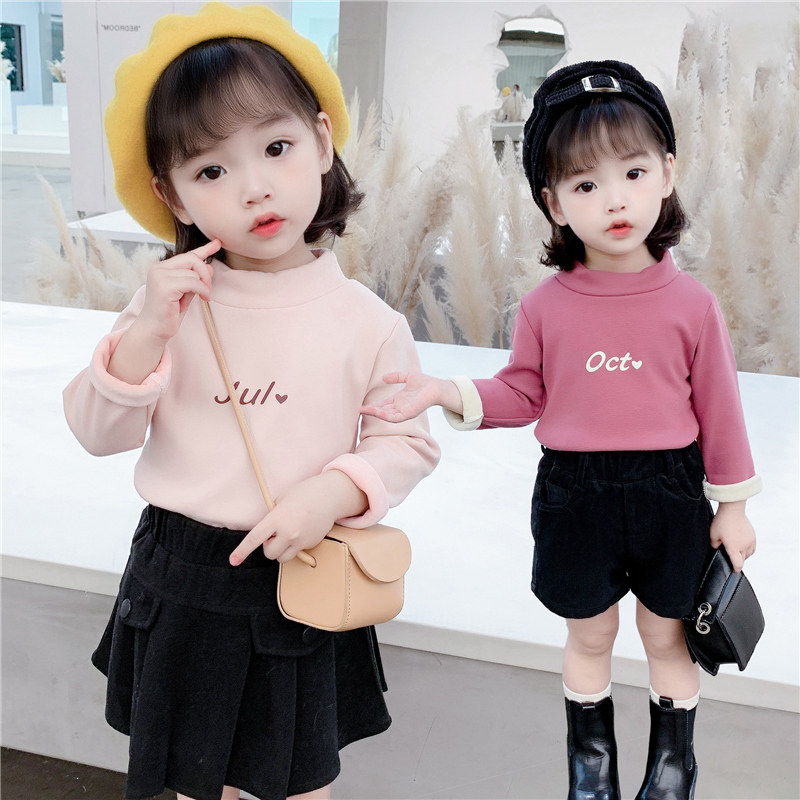 Baby velvet base shirt autumn and winter girls half turtleneck thick 1-3 years old children's foreign air children warm top 5