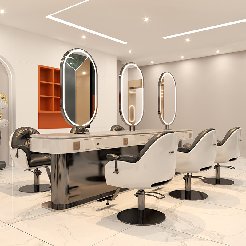 Net Red Beauty Hair Shop Mirror Desk Hair Salon Special-sided four-side four-side Shops Marble Bronzing Table With Cabinet Cut Hair Glasses