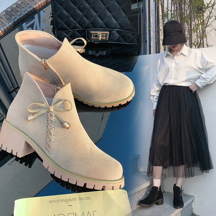 2019冬季新款靴子女鞋2019年冬季侧拉链中跟超细纤维蝴蝶结布粗跟