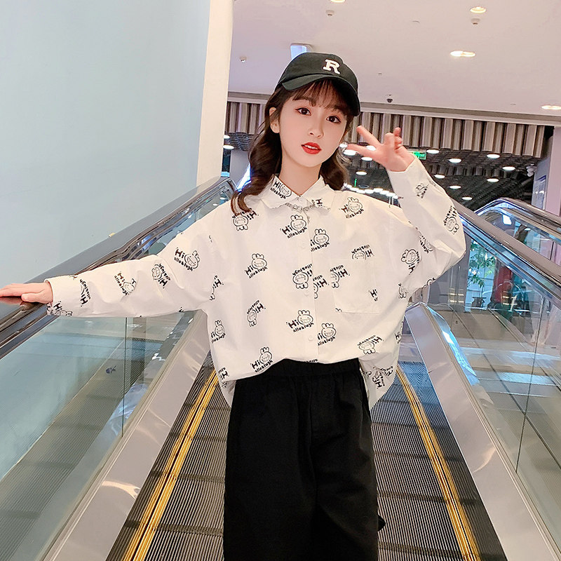 Girl Shirt 2022 Spring Dress New Korean Version Children Foreign Pie Full Print Shirt CUHK Child Spring Autumn Long Sleeve Blouse