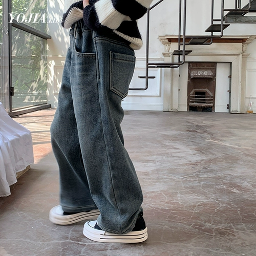 Осенние штаны, пуховик, детские утепленные весенние джинсы, свободный прямой крой, увеличенная толщина