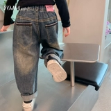 Осенние джинсы, утепленные детские весенние штаны, в западном стиле, детская одежда, свободный крой