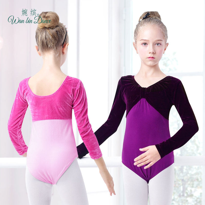 Dance costume children's female practice dress autumn and winter long sleeves gold velvet girls ballet body examination dress Chinese dance costume