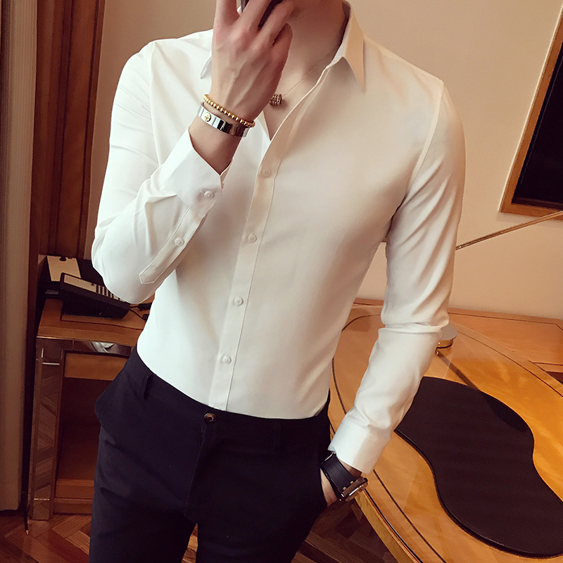 Fugui bird long sleeve shirt male Korean version sashimi short sleeve shirt fashion pure white shirt suit with a hitch bottom shirt