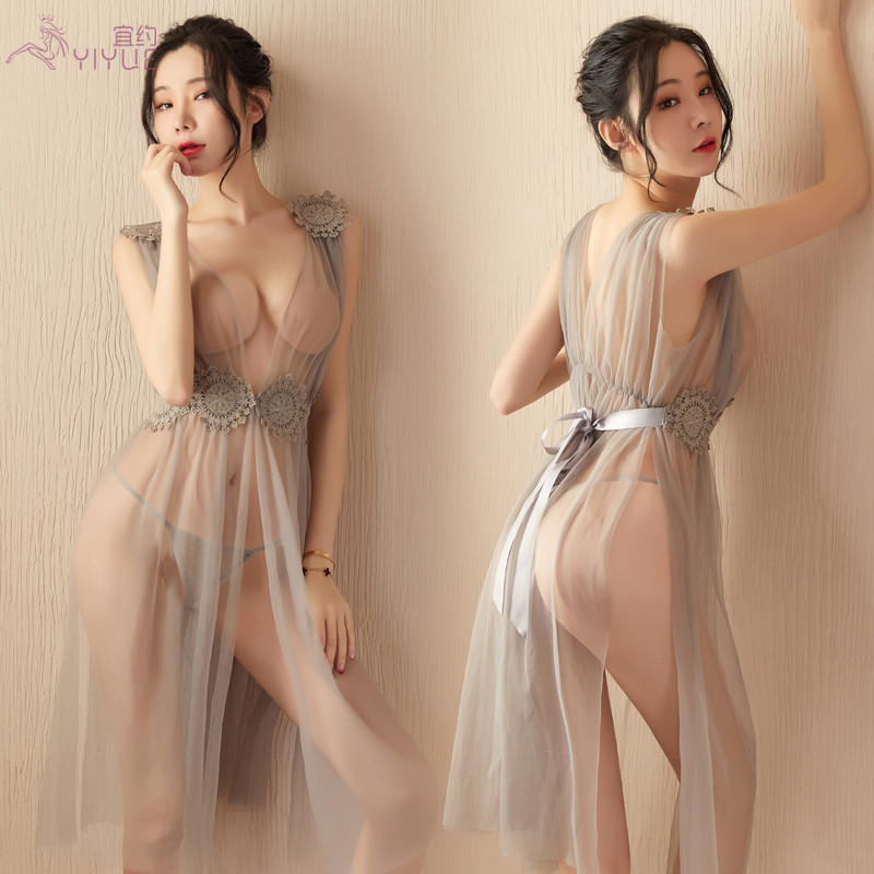 Nightfilm Woman's Pavilion: Sexy lingerie high-end female deep V Perspective Net Yarn dress with thin Peach Skirt Ol Short Skirt