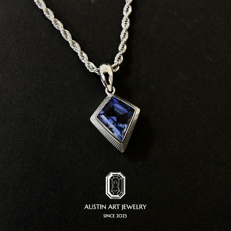 Aurcen Shield-Shaped Sapphire Pendant Cultivated Sapphire 925 Silver Plated with 18K White Gold (Chain Not Included)