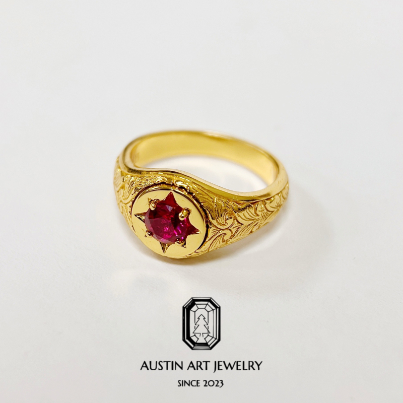 Aurcen Gold Carving Craft Seal Ring Unisex Men's Ring Cultivated Ruby Silver Thick Plated with 22K Gold