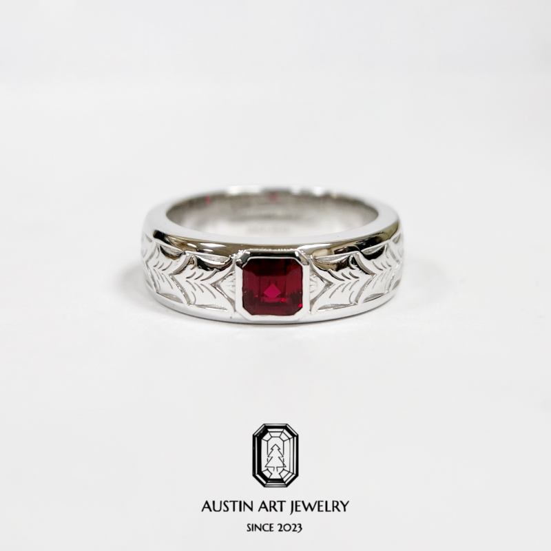 Aurcen Retro Gold-Engraved Unisex Ring with Cultured Ruby, 925 Silver Plated with 18K Gold