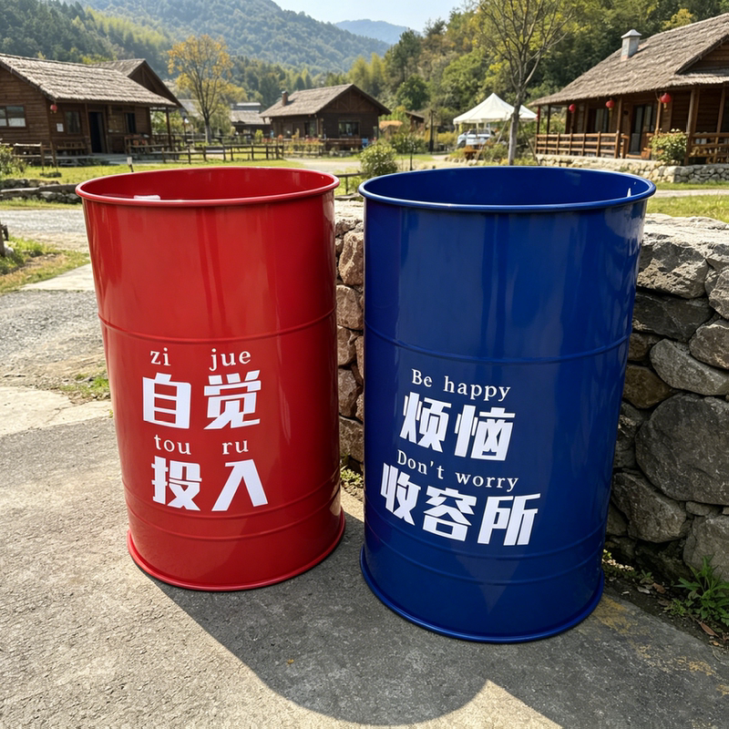 Trendy Oil Drum Trash Can, Industrial Style, Large Capacity, for Camping, Outdoor, Courtyard, Creative Decorative Trash Bin