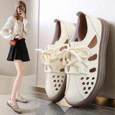 туфли 踩屎感真皮豆豆鞋女软底软皮妈妈凉鞋新款夏季包头外穿凉拖洞洞鞋