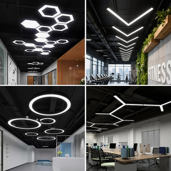 Hexagonal Pendant Light with Letters, Led Special-Shaped Lighting, Office Gym Circular Herringbone Pendant Light