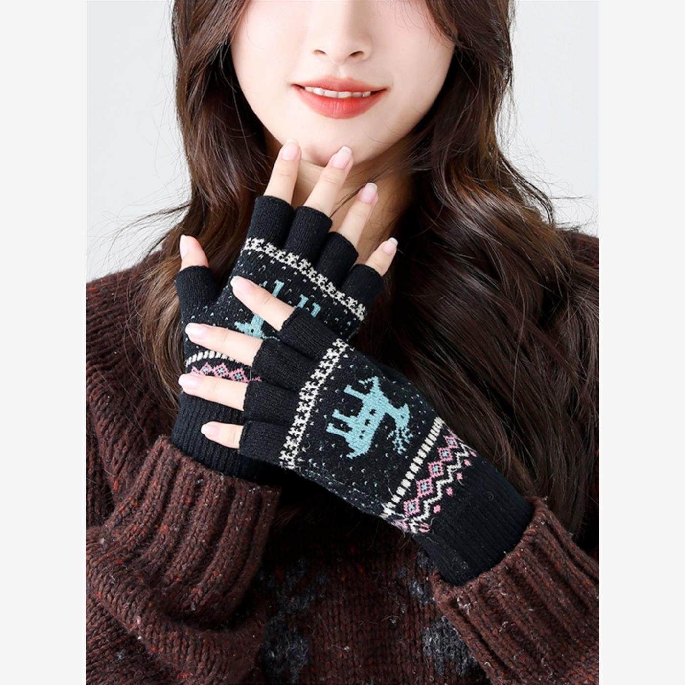 Half-Finger Gloves for Women, Winter Adult Knitted Wool Warm Gloves, Cold-Proof for Autumn and Winter, Fingerless Touchscreen Gloves for Students, Five-Finger Gloves