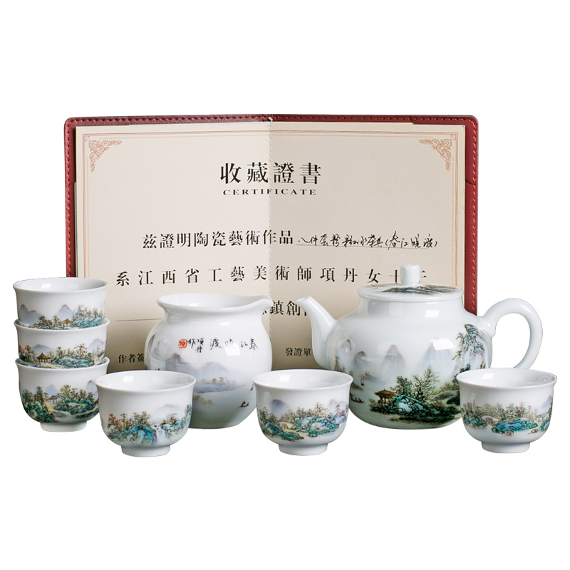 Up the was suit jingdezhen ceramic green was kung fu tea set hand - made pastel landscape teapot teacup set