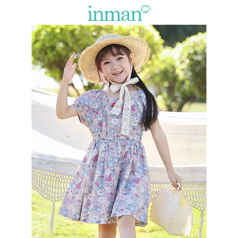 Inman Youngster Dress Clear Barn Girl Art Foreign Dress 2022 Summer Children Short Sleeve Drop Shoulder Crumblea long version of the dress
