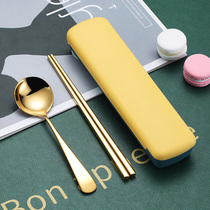 Stainless steel chopsticks spoon set cute portable tableware one person food three-piece set student fork single storage box