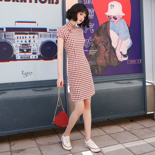 Красное цветное ретро ципао, короткое платье